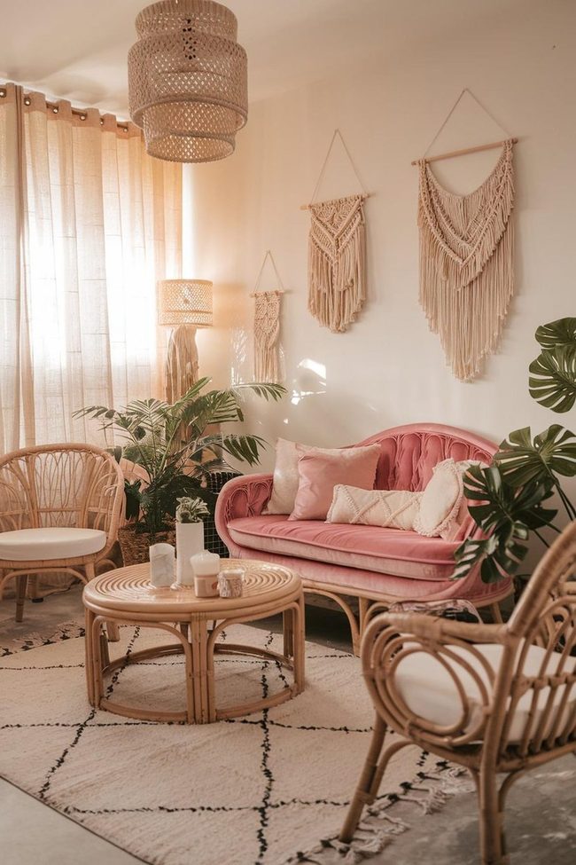 Pink Sofa Meets Woven Rattan