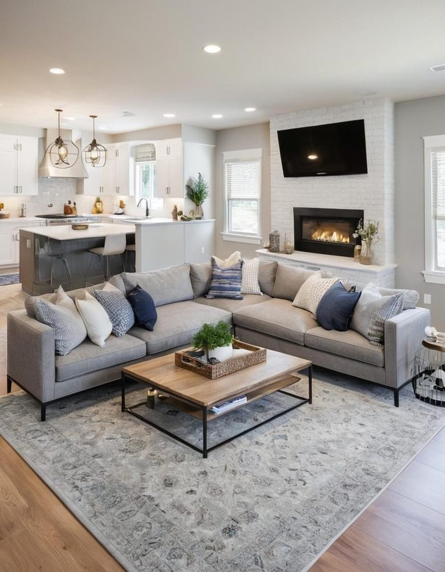 Large Rug Anchors Open Living Space