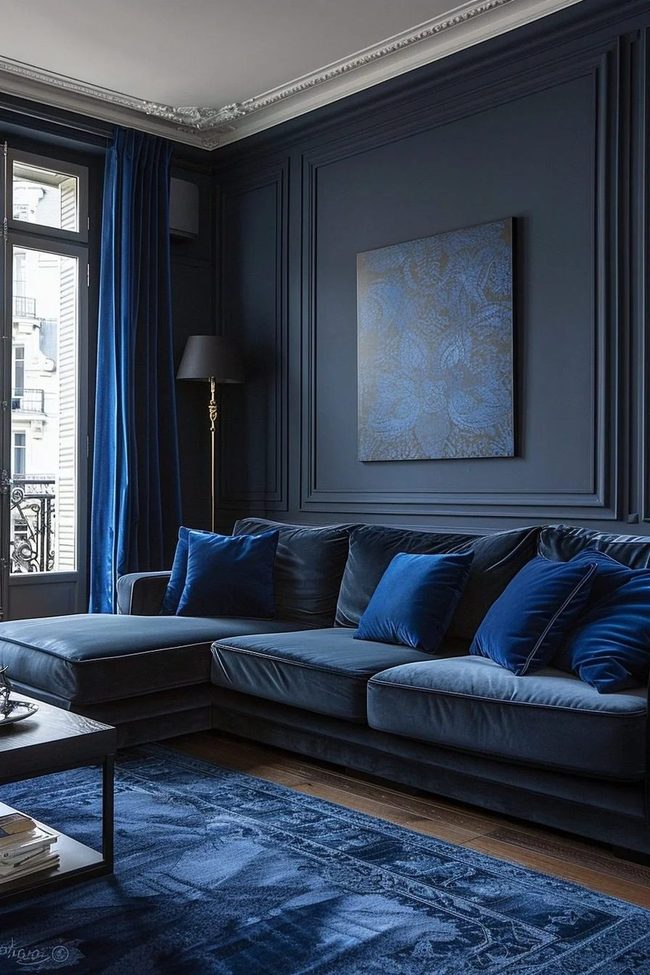 Deep Blue Living Room With Layered Textures