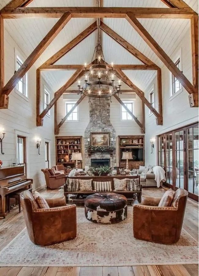 Exposed Wood Beams Anchor Stone Fireplace
