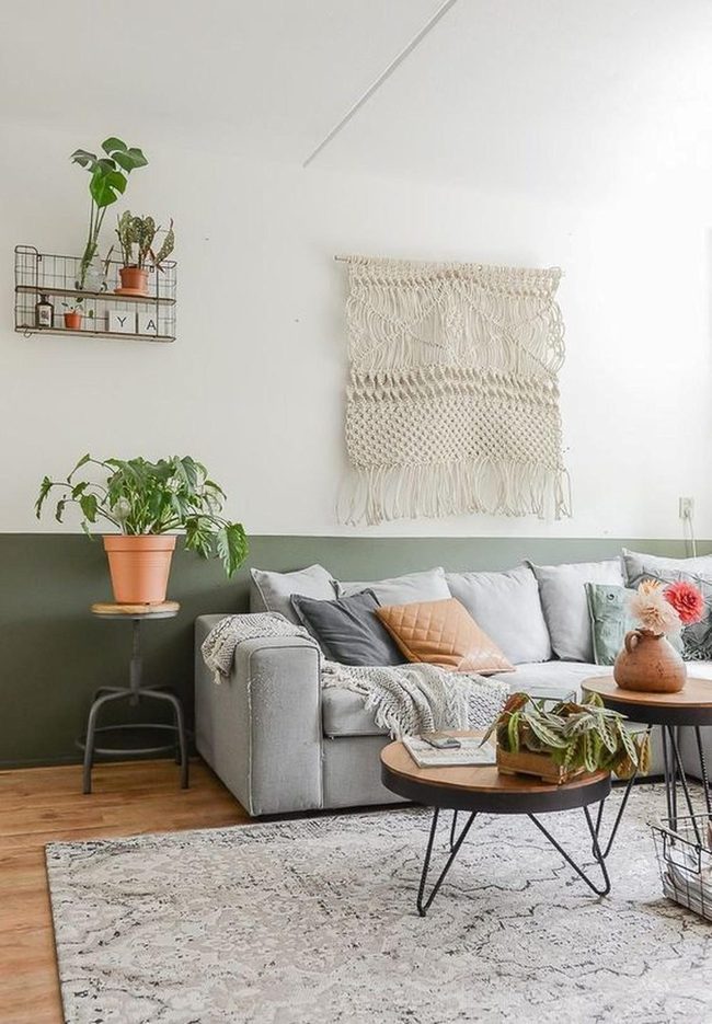 Textured Wall Hanging Above Gray Couch