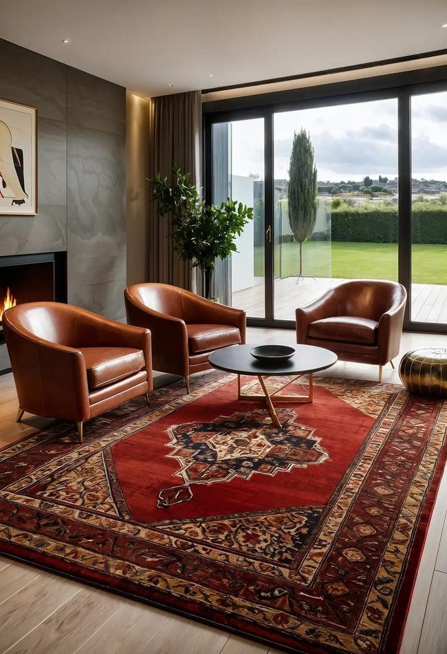Leather And Persian Rug Contrast