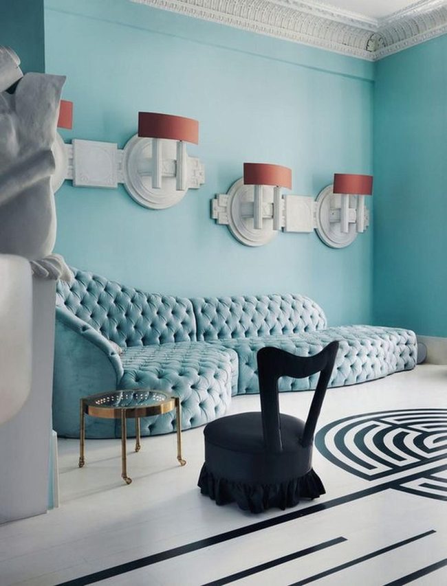 Blue Walls, Gold Accents, Red Lights