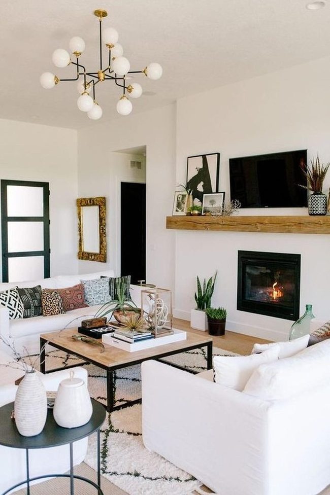 Brass Bulbs Over Modern White Living