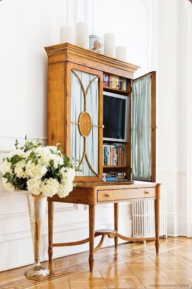 Wooden Cabinet With Glass Doors And Flowers