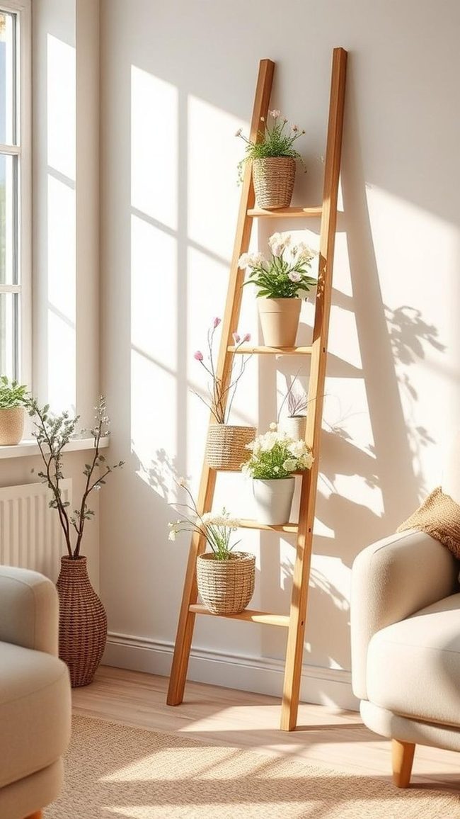 Wooden Ladder Plants and Throws