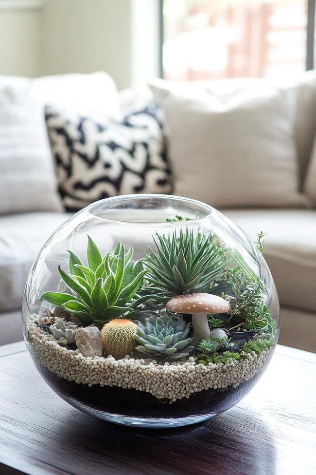Round Glass Terrariums With Succulents