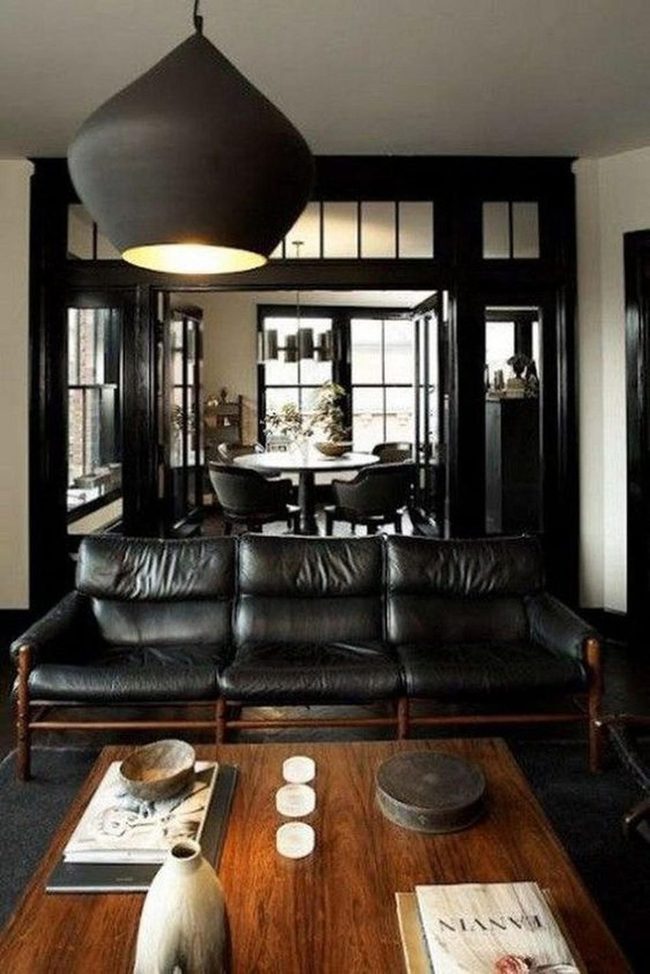 Dark Wood And Black Leather Living