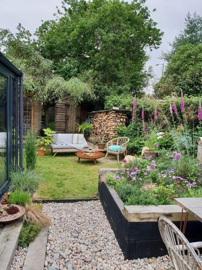 Pastel Garden Retreat With Natural Seating