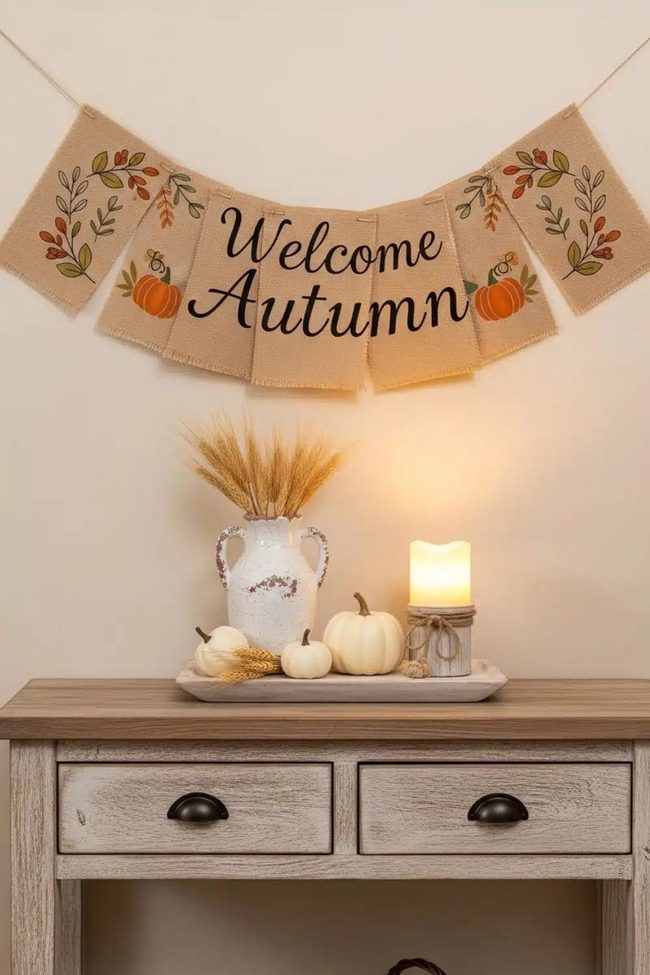 Autumn Burlap Banner With Leaves