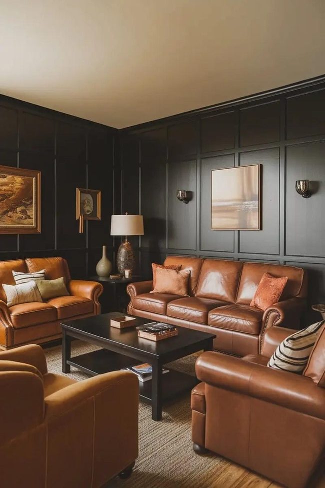 Black Paneling With Brown Leather