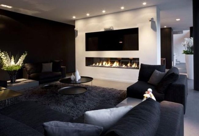Dark Walls With Modern Fireplace Warmth