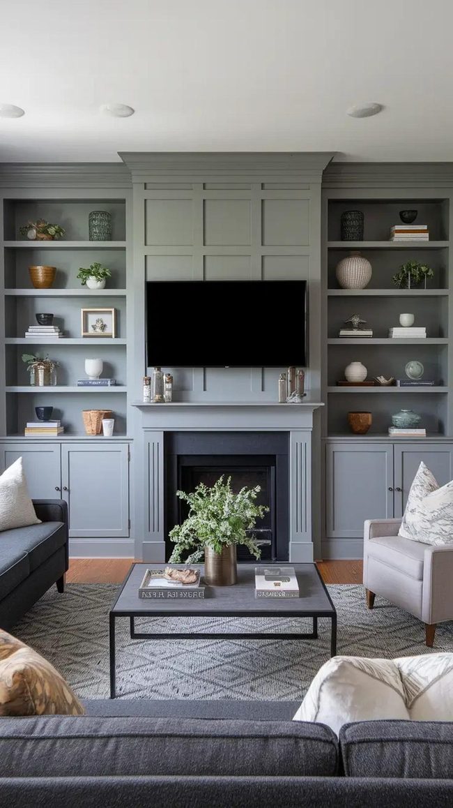Grey Wall Storage With Built-In Shelves