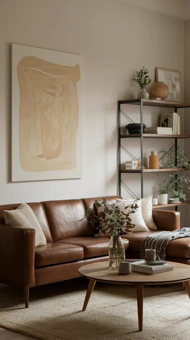 Muted Abstract Prints Above Grey Couches