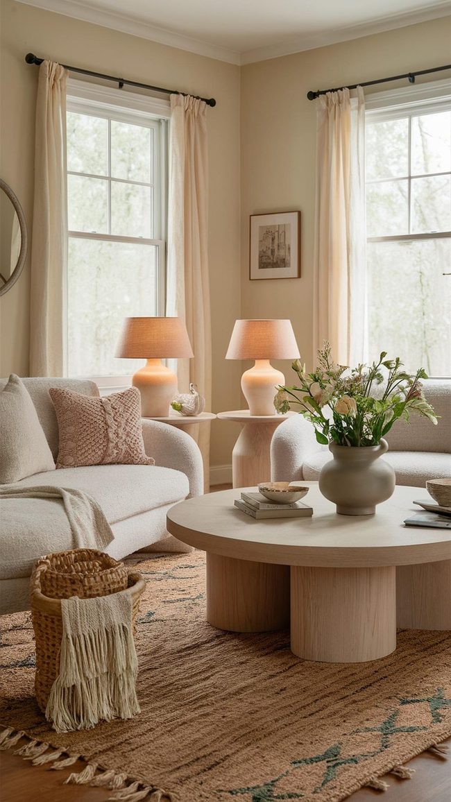 Distressed Wood Table With Cream Linen Sofas