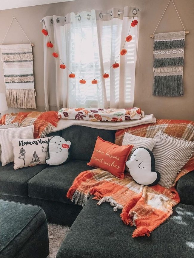 Deep Green Couch Orange Plaid Autumn