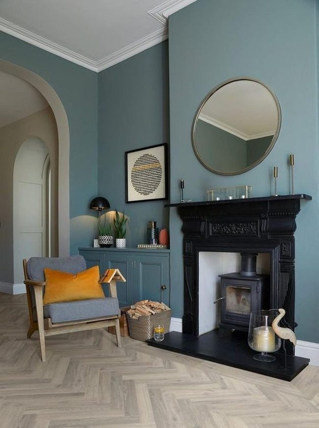 Black Fireplace, Blue-Green Walls