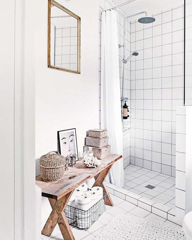 White Tiles With Warm Wood Accents
