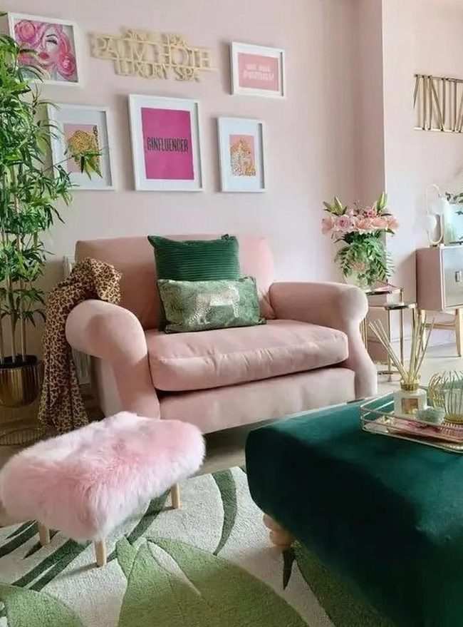 Pink Walls Meet Green Velvet Accents