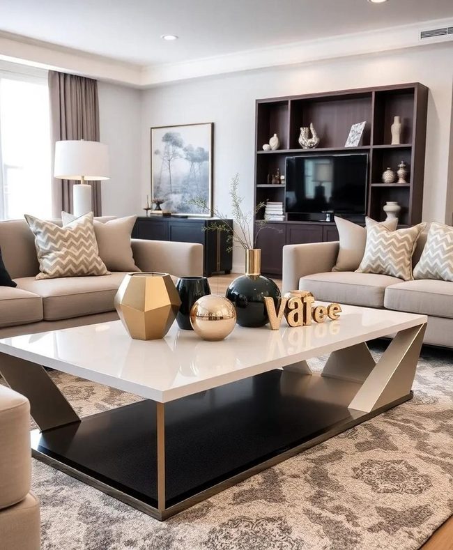 Metallic Gold Coffee Table With Geometric Accents
