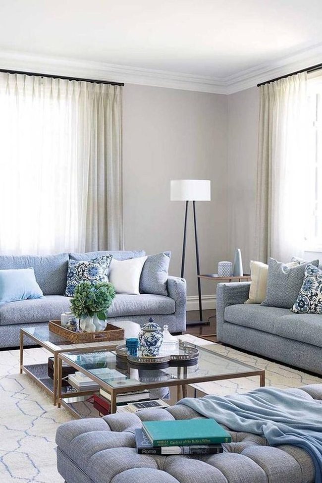 Sunlit Gray Living Room With Blue Accents