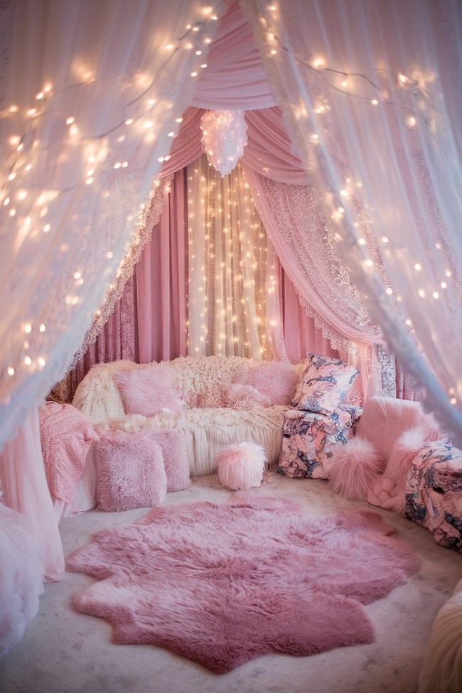 Pink Draped Canopy with Fairy Lights