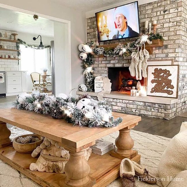 Deep Brick Fireplace With Flocked Garland