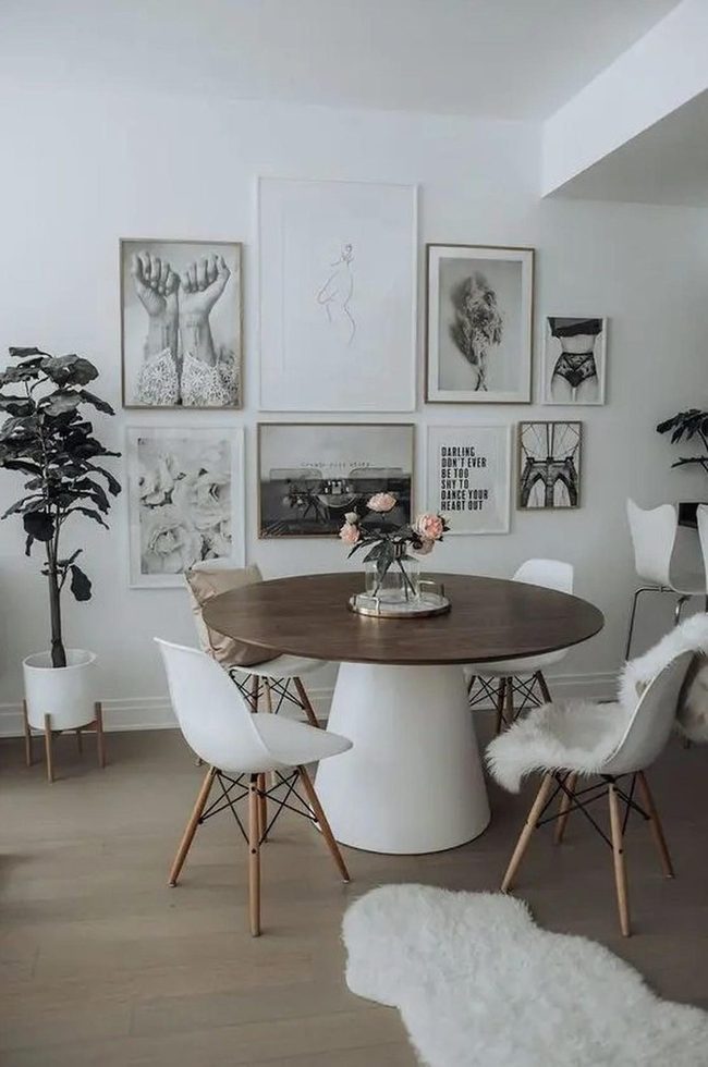 Dark Wood Round Table With White Chairs