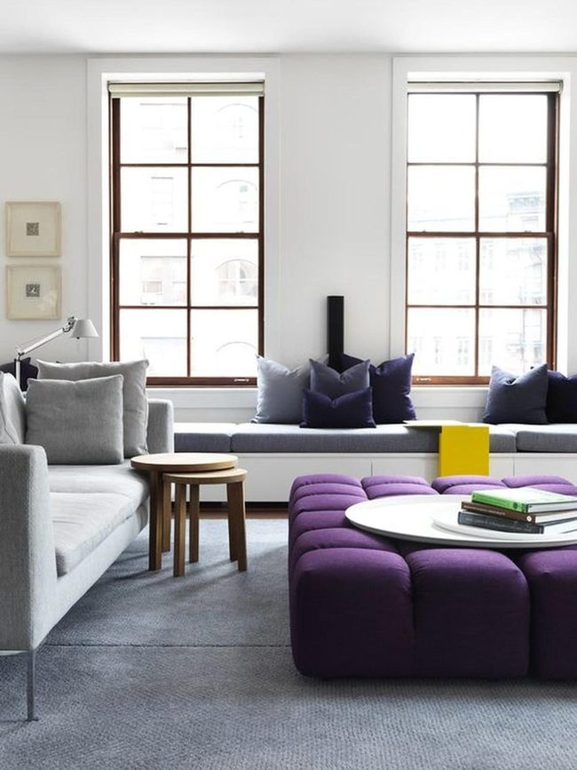 Purple Ottomans Meet Light Gray Serenity