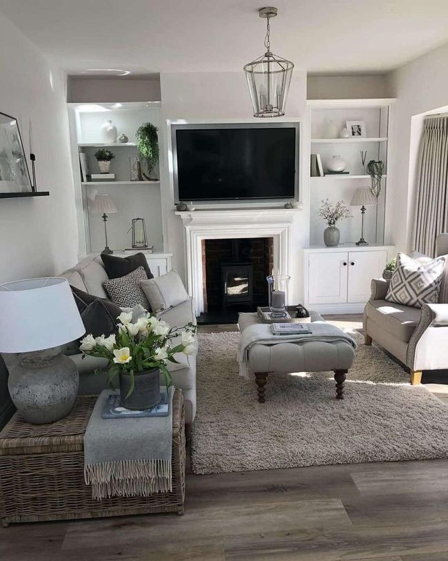 Gray Living Room With Stone Fireplace