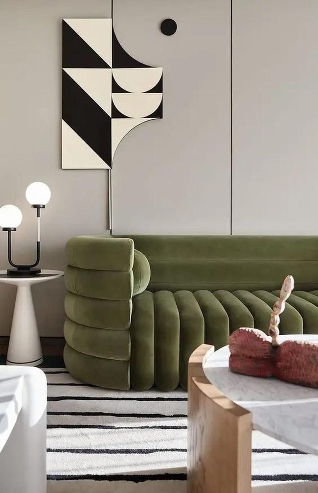 Green Velvet Sofa Geometric Modern