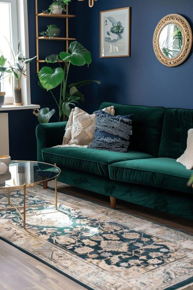 Emerald Sofa Navy Walls Gold Details