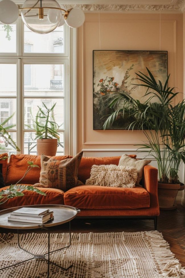 Terracotta Sofa With Layered Cushions