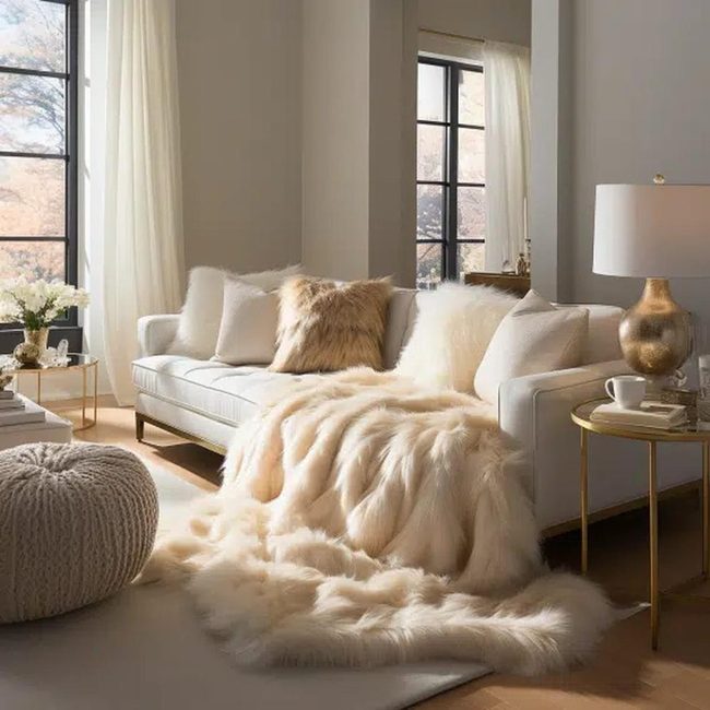 White Leather Couch With Fur Throws