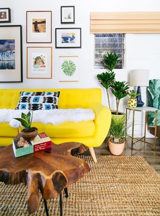 Sunny Yellow Living Room With Natural Wood