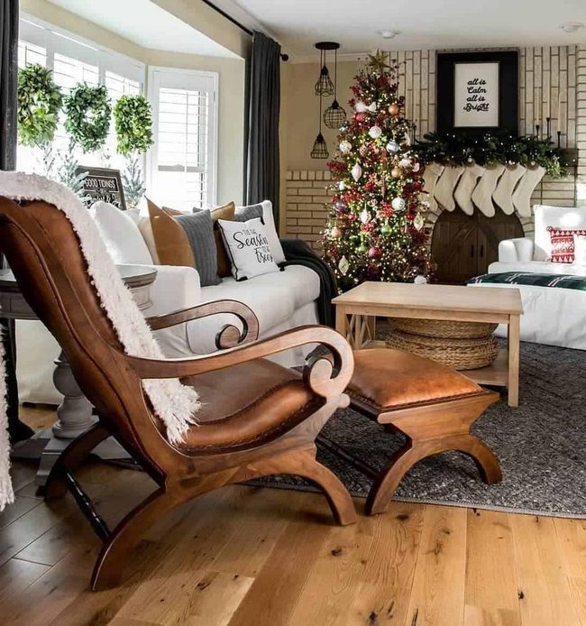 Brown Leather Chair By Fireplace