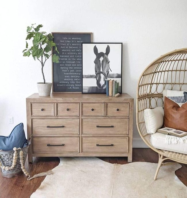 Natural Wood Dresser, Serene White Bedroom
