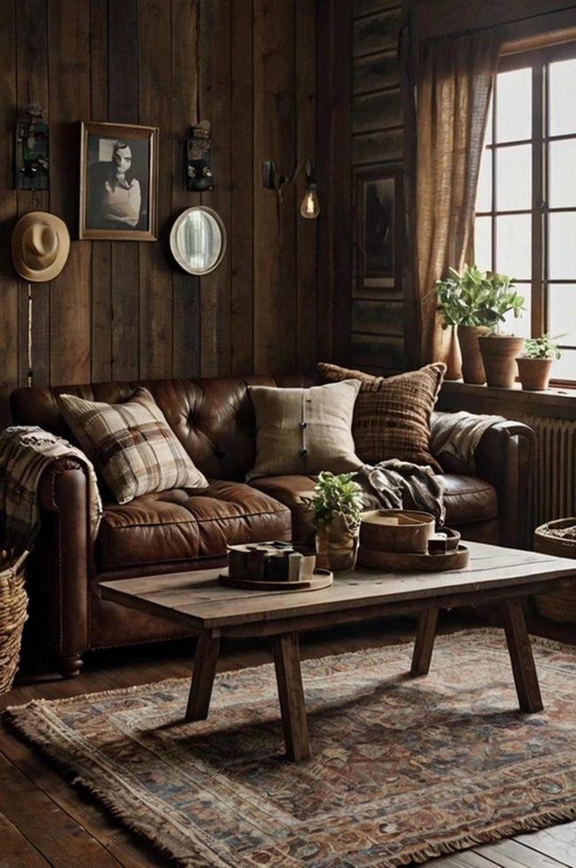 Dark Brown Plaid Farmhouse Living