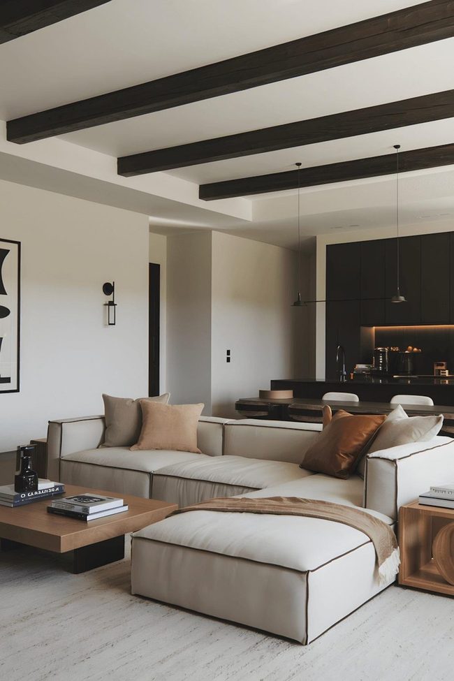 Dark Wooden Beams Frame Modern Living