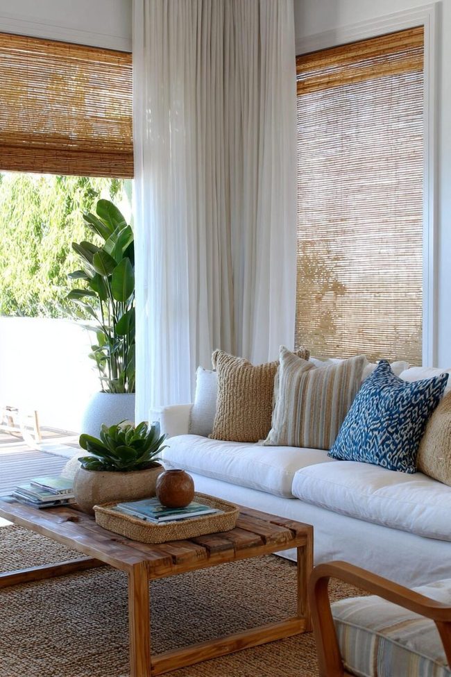 Cream Linen With Honey Bamboo Blinds
