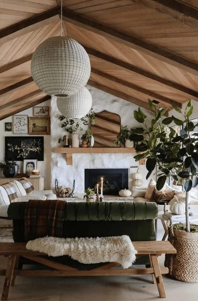 Wooden Beams, Green Couch, Stone