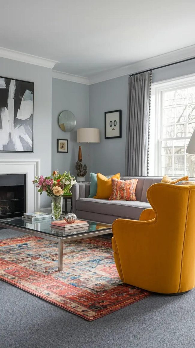 Mustard And Teal Pop Against Grey