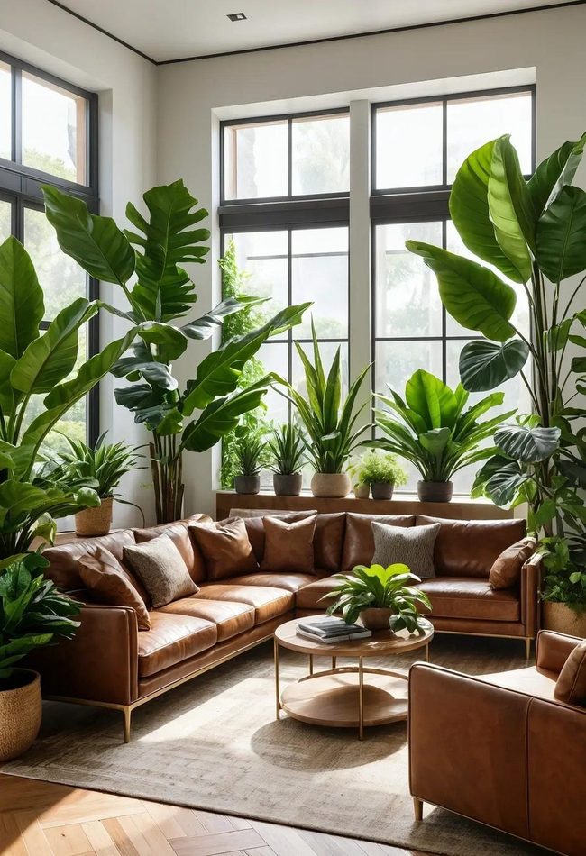 Green Plants Frame Brown Leather Spaces