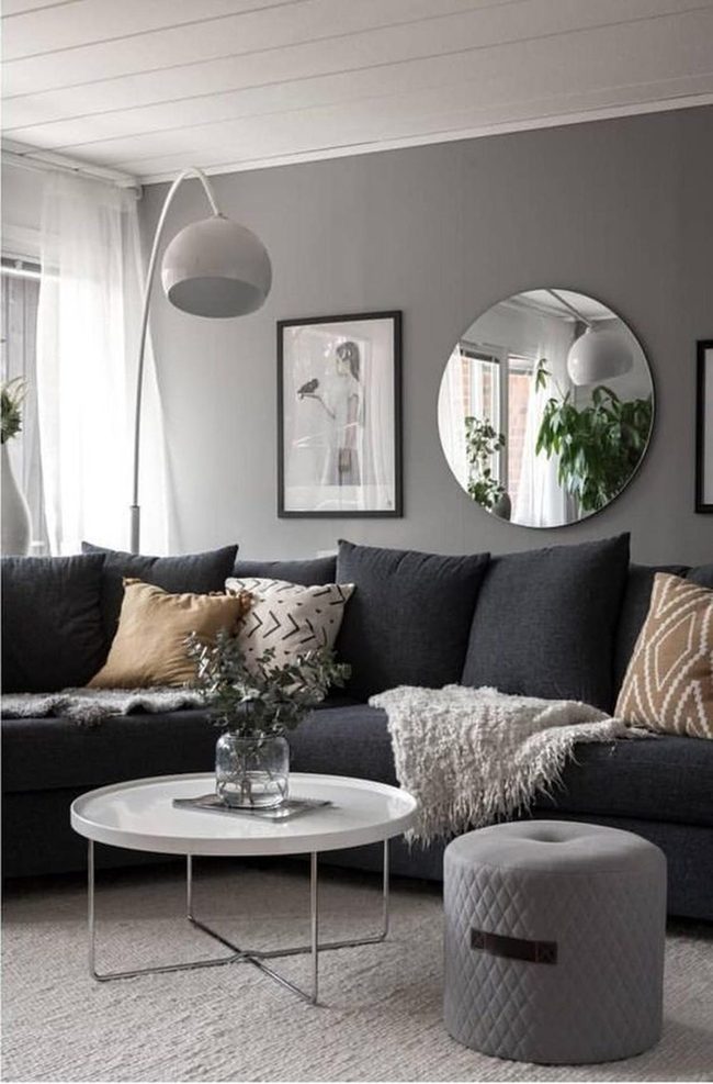 Dark Sofa Anchors Gray Serene Space