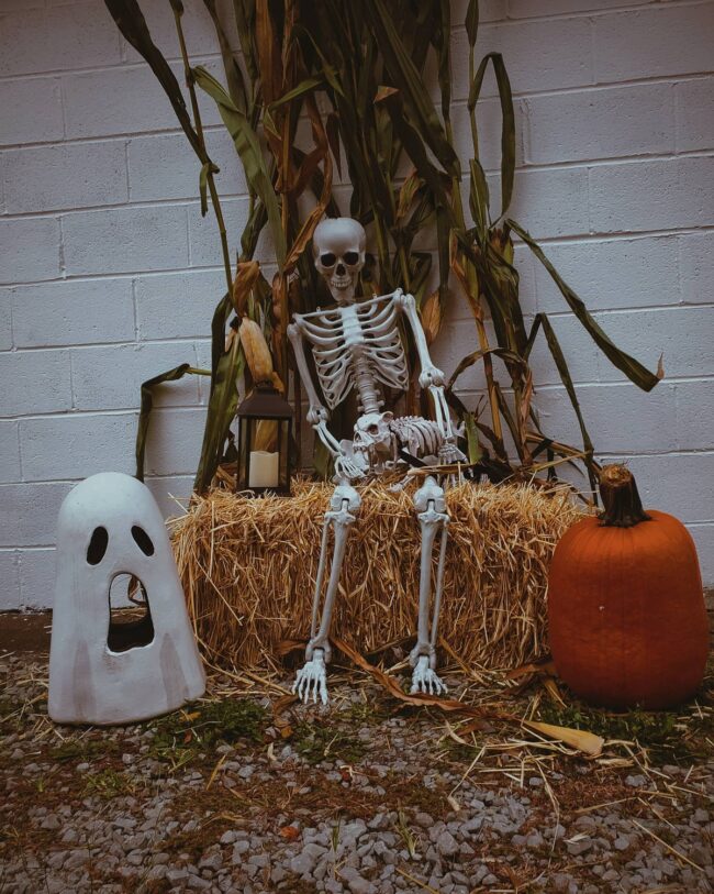 Skeleton Hay Bale Scene for Seasonal Fun