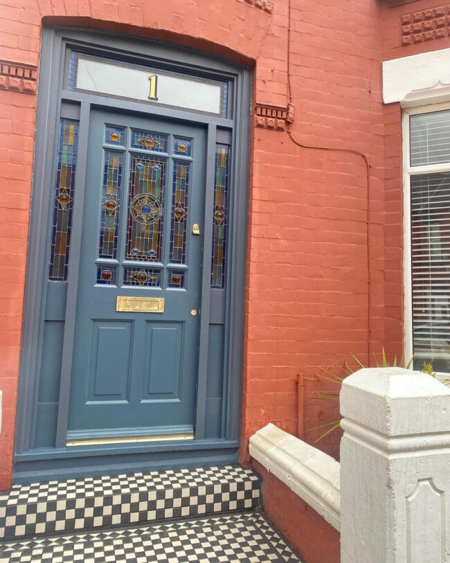 Vintage Blue Door with Beautiful Stained Glass