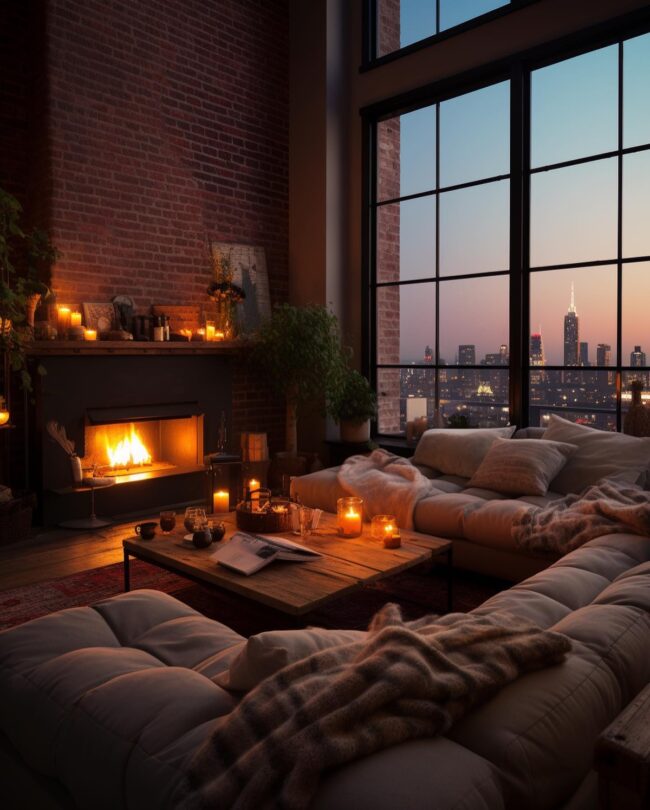 Cozy Industrial Living with a Warm, Firelit Atmosphere