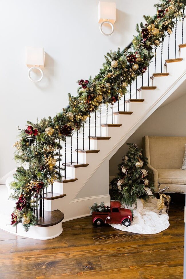 Luxurious Gold and Burgundy Staircase Decor